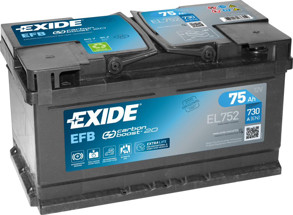 EXIDE Start-Stop EFB EL752 75Ач R+ EN730A 315x175x175 B13 фото 1 — Трамонтан